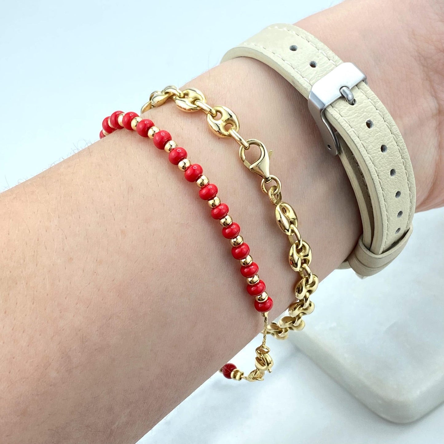 18k Gold Filled Red Coral and Gold Beads Bracelet